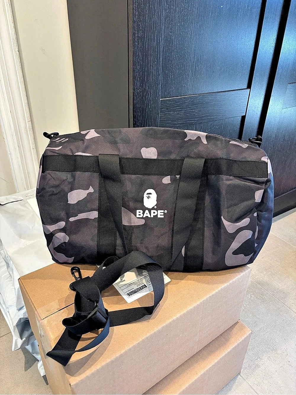 BAPE Camo Duffel Bag in Black & Gray New